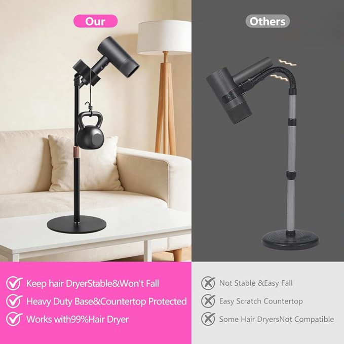 BILIONE Hair Dryer Stand Holder, Height Adjustable Countertop Blow Dryer Holder, 360° Rotating, Heavy Duty Non-Slip Base＆Universal Clip, Compatible with 99% of Hair Dryers
