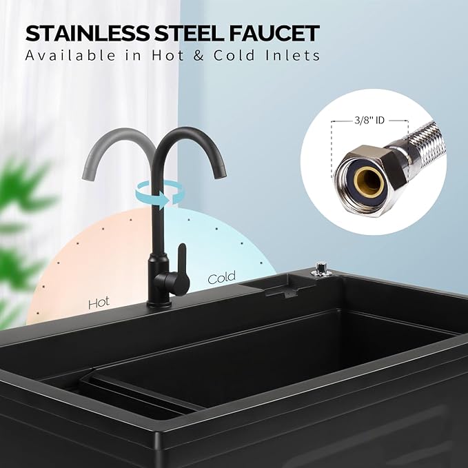 Bonnlo 37-Gallon Freestanding Utility Sink with Faucet, 36" Heightened Basin for Laundry, Garage, Outdoor Garden, Pet Wash, Heavy Duty Plastic Laundry Tub with Storage Shelf, 40"L×24"W×36"H (Black)