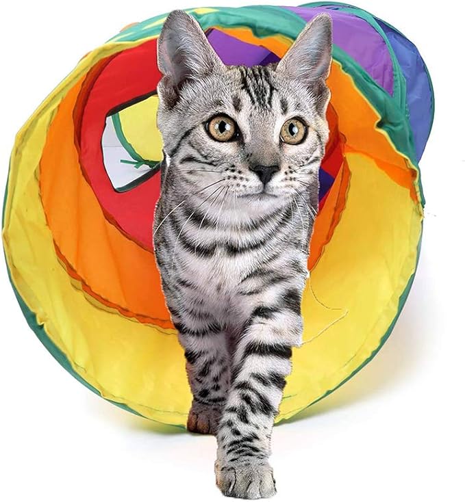 Andiker Cat Tunnel, S-Shape Cat Tube Collapsible Kitten Play Toy with 2 Side Holes for Kitten Exercising Hiding Training and Running Cats Toy for Indoor Cats(Multi-Colored)