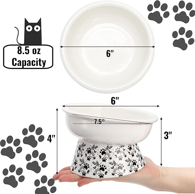 2 Pack Ceramic Elevated Cat Bowls, 6" Extra Wide Tilted Raised Pet Dish, Whisker Friendly Food and Water Bowl for Small Dogs, Anti Vomiting & Protect Pet's Spine, Microwave Dishwasher Safe