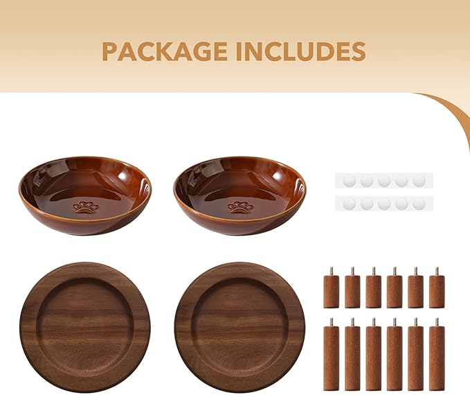 Havniva Elevated Cat Bowls Raised Ceramic Cat Bowl, 5.9” Wide Opening Cat Food Bowl Whisker Friendly Cat Dish Anti-Slip with Wood Stand, Shallow Pet Food & Water Bowl for Indoor Cats
