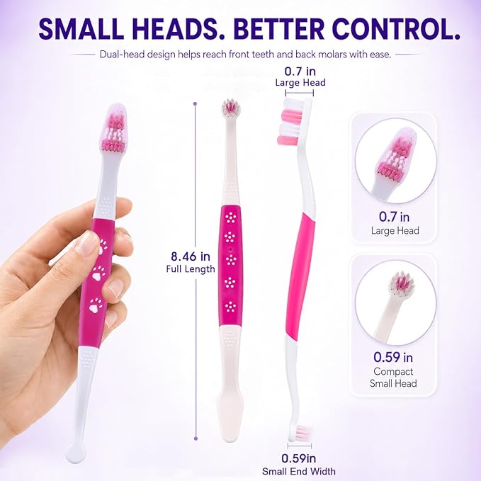 Dog Toothbrush – Newly Upgraded Dual-Head Design with 60° Wavy Bristles – Gently Surrounds Teeth for Deep Cleaning and Plaque Removal – Non-Slip Handle, Ideal for Daily Pet Dental Care (Pink, 1-Pack)
