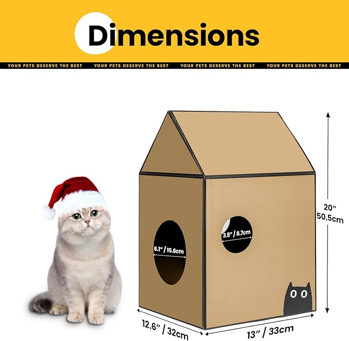 Conlun Cardboard Cat House with Scratch Pad & Catnip, Cat Play Scratching House for Indoor Hideaway Furniture, Heavy Duty Sturdy Cardboard Scratcher, Easy to Assemble Birthday Gift, Medium