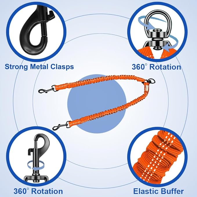 MingXpets Double Dog Leash, Dual Dog Leash, 360° Swivel Tangle Free Bungee Walking Training for Large Medium Dogs, Shock Absorbing Bungee Reflective for Two Dogs, 18~120 lbs, Orange