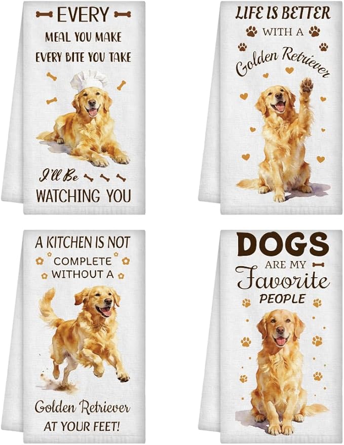 WADORN 4Pcs Golden Retriever Kitchen Hand Towels, Dog Decorative Soft Absorbent Kitchen Dish Tea Hand Towels for Golden Retriever Lovers 24 x 16 Inch Dog Mom Lover Owners Gifts for Housewarming Gifts