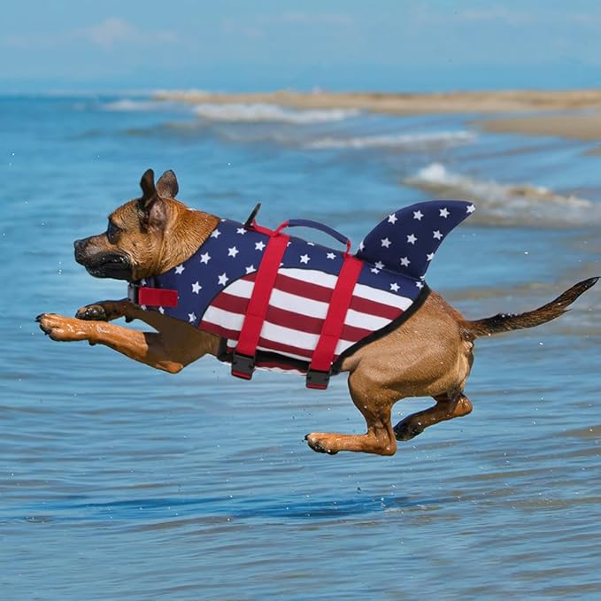 EMUST Large Dog Life Jacket, Dog Life Vests for Swimming, Small/Medium/Large Dog Life Preserver with Rescue Handle, Adjustable Pet Flotation Vest for Water at Pool, Beach, Boating (XL,FlagShark)