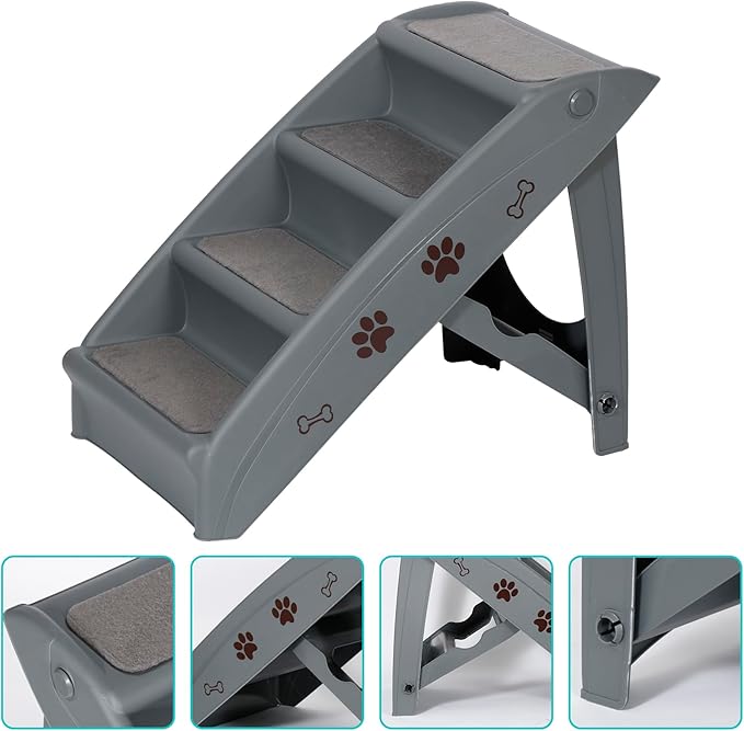 LEMY Foldable Pet Ladder,Pet Stairs with 4 Steps,Plastic Anti-Slip Pet Furniture Pet Dog Steps for Small/Old Dog,Grey