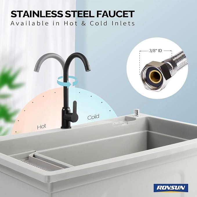 ROVSUN 37-Gallon Freestanding Utility Sink with Faucet, 36" Heightened Basin for Laundry, Garage, Outdoor Garden, Pet Wash, Heavy Duty Plastic Laundry Tub with Storage Shelf, 40"L×24"W×36"H, Gray