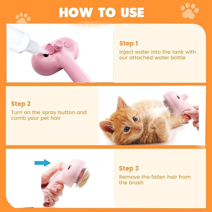Cat Steam Brush with Release Button, 3-in-1 Steam Grooming Brush for Shedding, Hair Removal tool for Dogs & Cats, Self Cleaning Spray Comb with Mist for Long Haired Pets