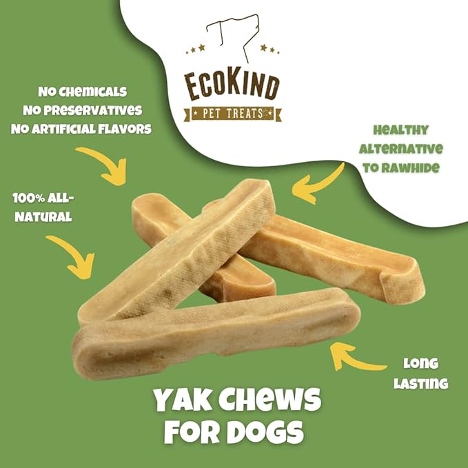 EcoKind Yak Cheese Himalayan Dog Chews, Yak Chews for Large Dogs, Long Lasting Bone for Aggressive Chewers, 3 Ingredients, Natural High Protein Treats, No Additives, Lactose Free, Large - 4 Chews