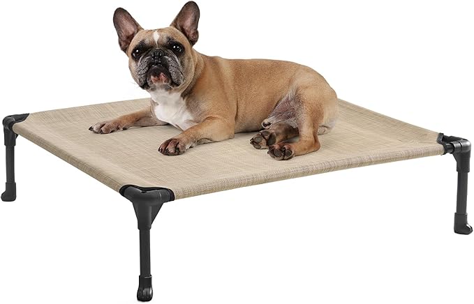 Veehoo Outdoor Elevated Dog Bed for Medium Dogs, Cooling Raised Dog Cot Off Ground Hammock Pet Beds with Breathable Mesh, No-Slip Feet, 32"x25", Beige Coffee