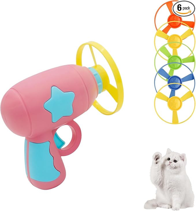 Andiker Cat Fetch Toy, Interactive Kitten Flying Disc Launcher Toy with 5 Colorful Flying Propellers for Cat Enrichment, Flying Saucer Toy for Cats for Training and Chasing (Pink)