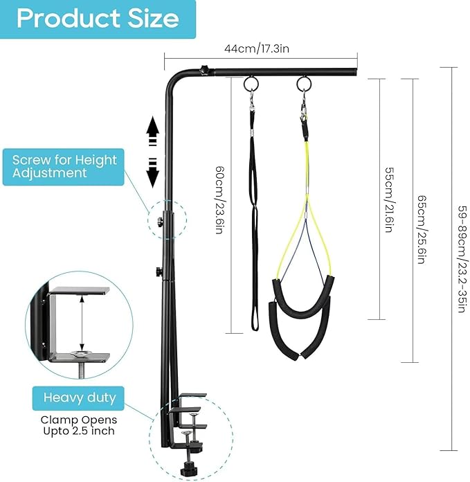 Adjustable Dog Grooming Arm with Dual Clamp, 23″–35″ Height, Dog Grooming Table Arm with Hammock and No-Sit Holder, Grooming Restraint for Small Medium Dogs at Home or Salon