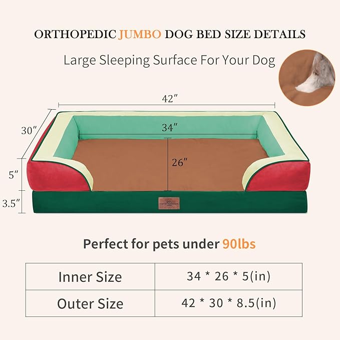 Comfort Expression Orthopedic Dog Bed for Extra Large Dogs 42x30 Inch, Waterproof Egg Crate Foam XL Pet Bed with Bolsters, Dog Couch with Washable Cover & Non-Slip Bottom, Watermelon Mist