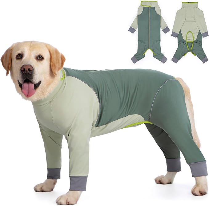 Dog Onesie Coat - Water-Repellent & Stretchable, Dirt-Resistant Outdoor Puppy Suit with Reflective Strips | Controls Shedding | for Small, Medium, Large Dogs (Olive Green, 6XL(Weight 85-100 lbs))