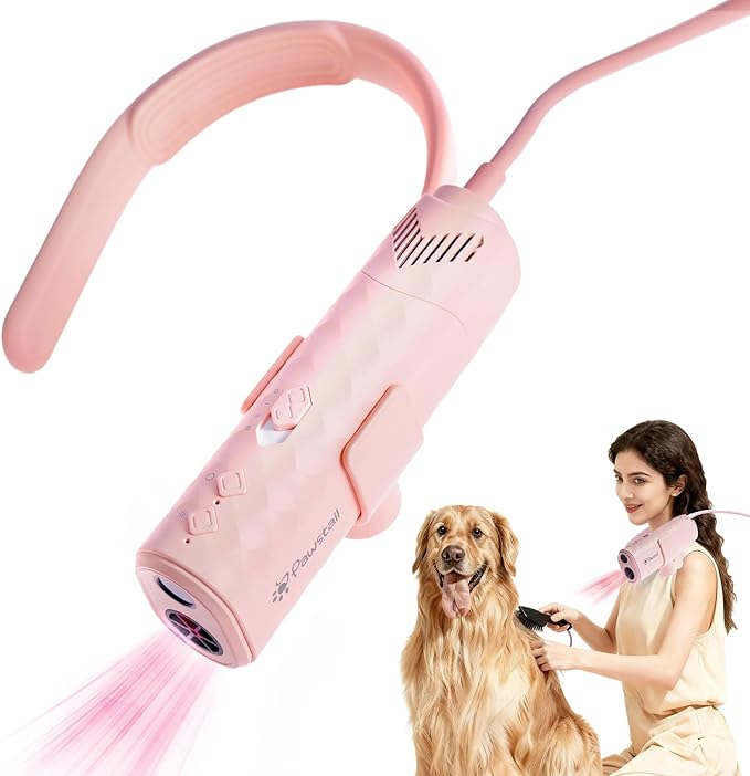 Dog Dryer for Pet Grooming,Pet Neck-Hanging Hair Dryer,Alternating Hot and Cold Airflow.Handheld & Hands-Free.Low-Noise, Ultra-Lightweight.High Wind Speeds.Adjustable Heat & Speed Pink