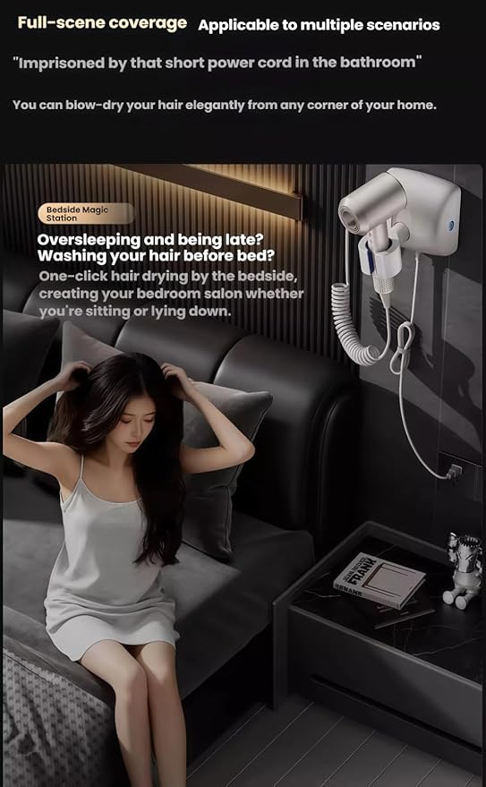 Automatic Rotating Hair Dryer Stand, Hands Free Blow Dryer Holder with 360° Auto Oscillation & Left-Right Swivel, Wall Mounted No Drilling, One-Button Start, for Styling, Pet Grooming & Phone Time