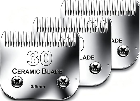 3Pack #30 Blade Dog Grooming Clipper Replacement Blades Compatible with Wahl/Oster Dog Clippers,Detachable Ceramic Blade & Stainless Steel Blade,Size-30, 1/50-Inch Cut Length (64260)