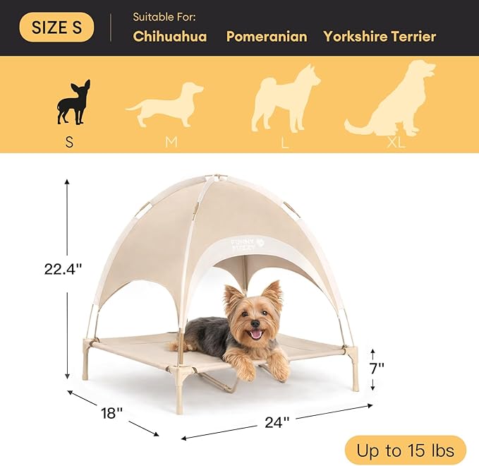 FUNNY FUZZY Elevated Dog Bed with Canopy, Small (24"x18"x7") – Outdoor Raised Dog Cot with Shade, Cooling Breathable Mesh Pet Bed, Portable Waterproof Dog Camping Bed for Large Medium Small Dogs,Khaki