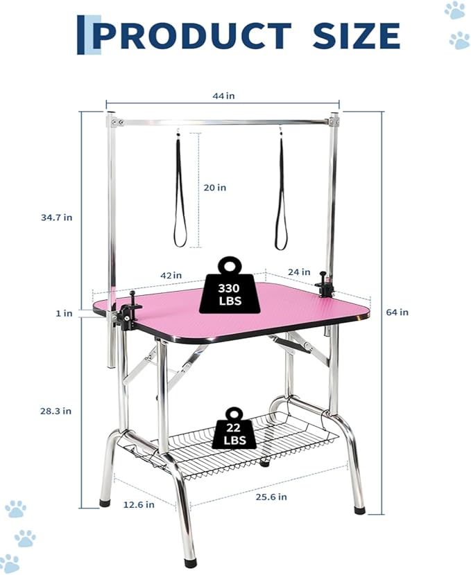 Garvee Foldable Dog Grooming Table 42-Inch, Adjustable Height Arm, Non-Slip Pink Surface, Removable Mesh Tray, 330 Lbs Capacity, Portable Pet Bathing & Trimming Station for Small & Large Cats/Dogs
