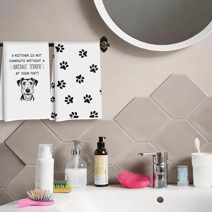 2Pcs Airedale Terrier Dog Paw Kitchen Towels 24x14 Inch, Airedale Terrier Gifts for Woman Mom, Reusable Waffle Weave Microfiber Absorbent Hand Tea Towels for Kitchen Bathroom Decor, Dog Lovers Gifts