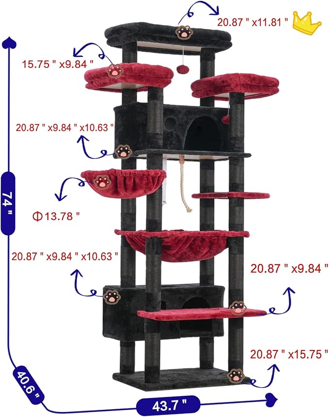 Gitelsnour Cat Tree for Indoor Cats Large Adult, 74" Cat Tower for with 3 Big Platforms, 2 Baskets, 2 Condos, Multi-Level Cat Scratching Posts, Black and Red GCT030BR
