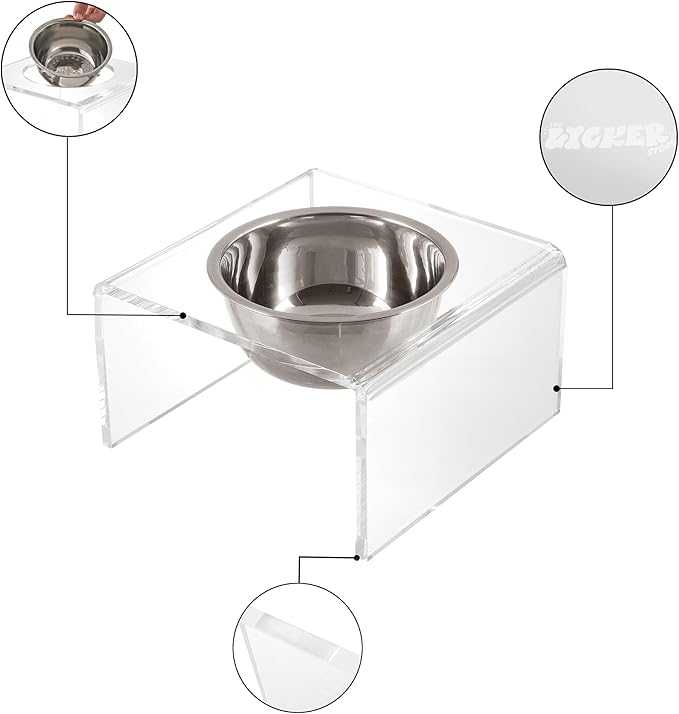 THE LICKER Store DBL2002A Keaton 5" Small/Medium Modern Acrylic Rectangular Elevated Pet Feeder with 20oz 1-Stainless Steel Bowl, Clear/Chrome