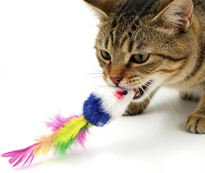 Cat Mouse Toy - 15 Pack Furry Rattle Mouse Toys for Cats with Feather Tail, Realistic Plush Kitten Toys with Catnip & Rustling Sound, Interactive Cat Toys for Indoor Cats