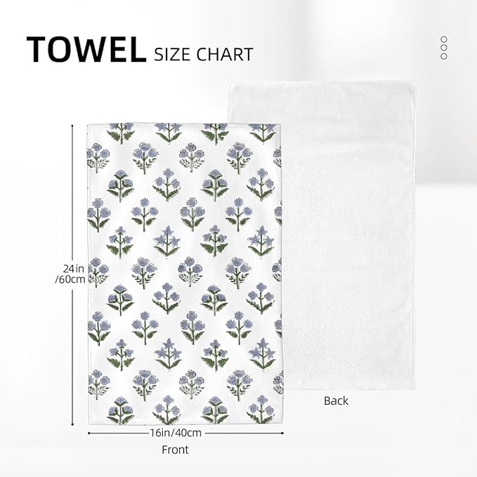 Blue Sage Green Floral Kitchen Towels Vintage Block Print Dish Towel 16×24 Inch Soft Absorbent Spring Summer Flowers Hand Cloths Decorative for Kitchen Drying Set of 2