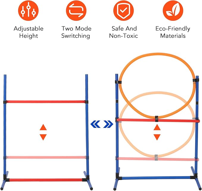 Hipicute Dog Agile Training Equipment Set Outdoor Indoor,70" Tunnel + Tire Jump + Hurdle Jump, Weave Poles, Pause Box, 2 Toy Balls, 1 Whistle, Carry Bag, Premium Dog Obstacle Course Kit