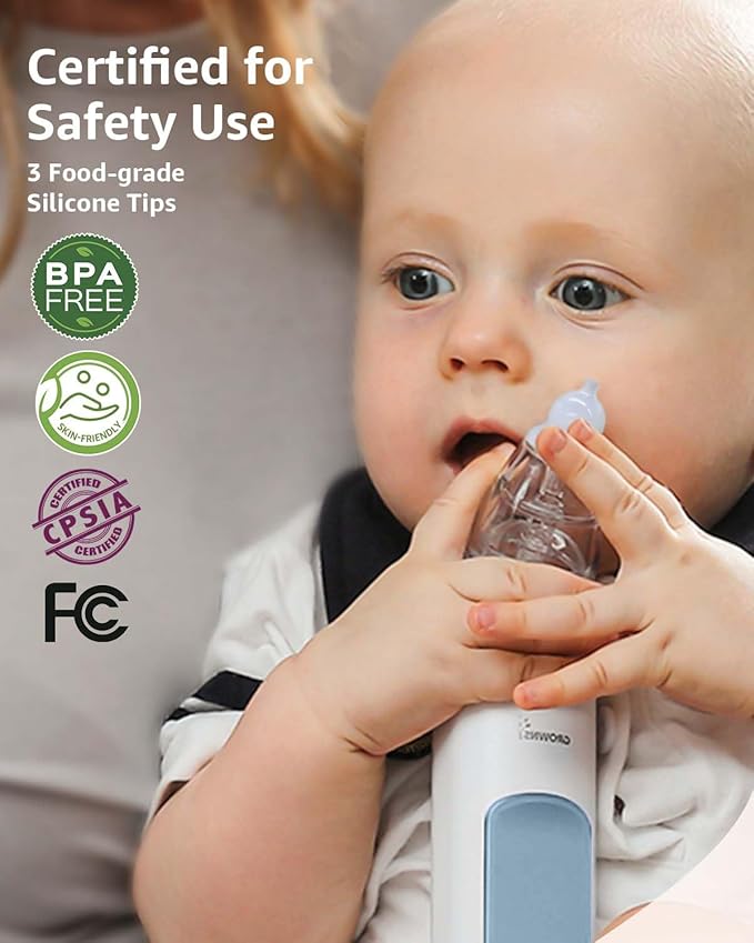 GROWNSY Nasal Aspirator for Baby, Electric Nose Aspirator for Toddler, Baby Nose Sucker, Automatic Nose Cleaner with 3 Silicone Tips, Adjustable Suction Level, Music and Light Soothing Function, Blue