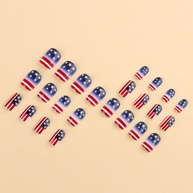 yefiuo 4th of July Press on Nails Short Square Stripe French Fake Nails Press ons Flag Acrylic False Nails Glue on Nails Reusable Nail Tips Kit Full Cover Stick on Nail Supplies for Women Girls 24Pcs