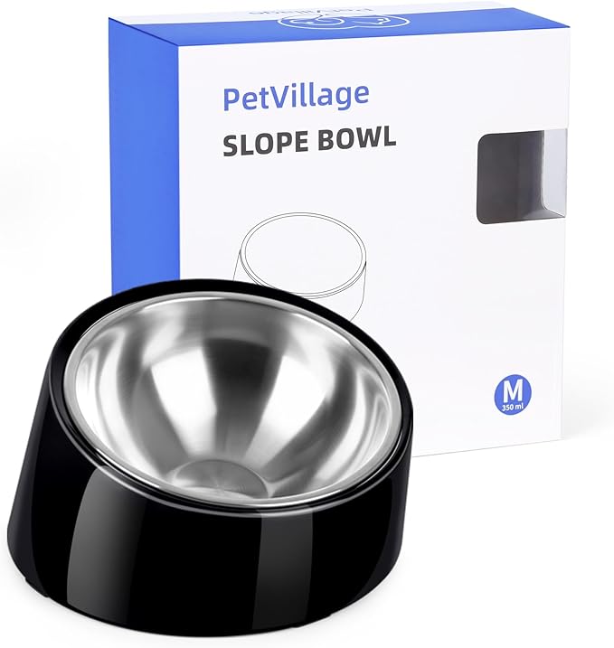 Tilted Dog Bowl Non-Slip & Non-Spill Pet Feeder with Elevated Detachable Melamine Stand, Easy to Get Food Dog Dish, M/180ml Black