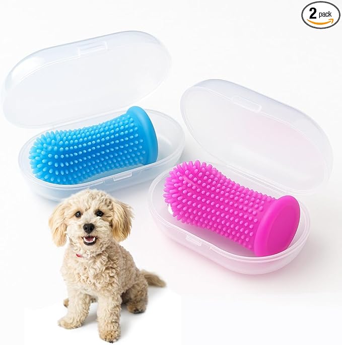 Dog Toothbrush Kit, 360° Silicone Finger Toothbrush for Dogs & Cats, Soft Bristle Pet Teeth Cleaning Set, Includes Storage Case, 2 Packs