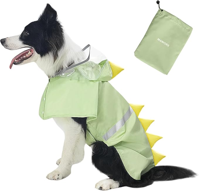 Dog Raincoat, Waterproof Reflective Adjustable Hooded Dog Rain Coat with Leash Hole, Lightweight Breathable Pet Poncho for Dogs (Green Dinosaur, Small(9-13lb))