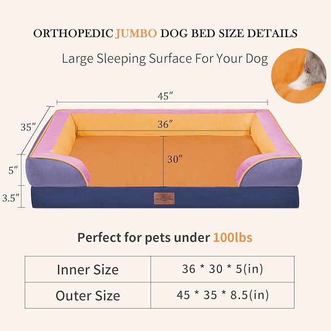 Comfort Expression Orthopedic Dog Bed for Extra Large Dogs 45x35 Inch, Waterproof Egg Crate Foam XL Pet Bed with Bolsters, Dog Couch with Washable Cover & Non-Slip Bottom, Orange Breeze