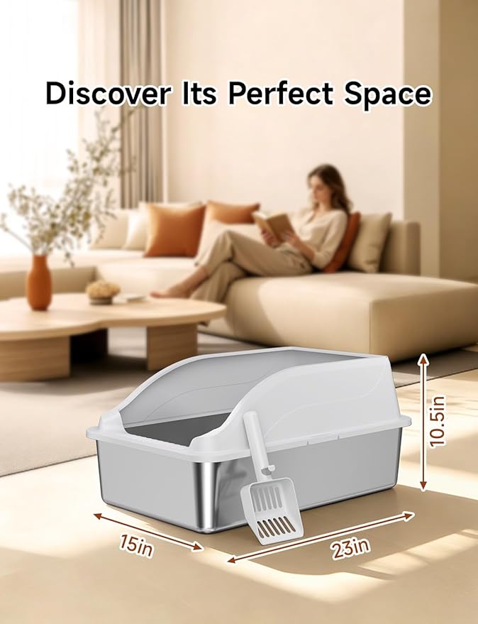 Stainless Steel Cat Litter Box, Extra Large XL Odor Free Metal Litter Box with High Sides Lid, Open Top Litter Pan Include Scoop Easy Cleaning Kitty Cat Box Anti-Urine Leakage, Non-Sticky