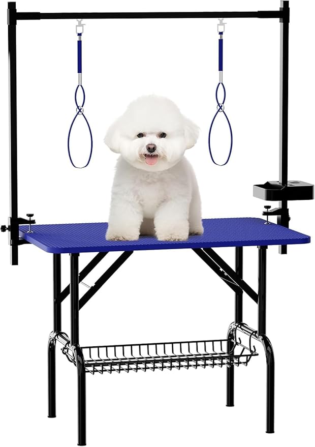 Professional Dog Pet Grooming Table Adjustable Heavy Duty Portable w/Arm & Noose & Mesh Tray (36", Blue)