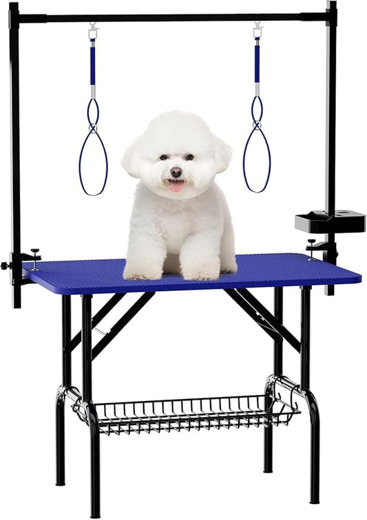 Professional Dog Pet Grooming Table Adjustable Heavy Duty Portable w/Arm & Noose & Mesh Tray (36", Blue)