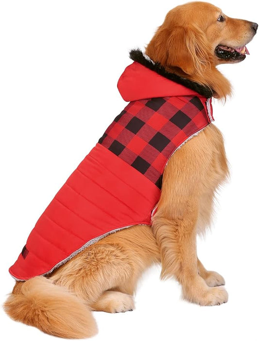 HDE Dog Puffer Jacket Fleece Lined Warm Dog Parka Winter Coat with Harness Hole Buffalo Plaid - XXL