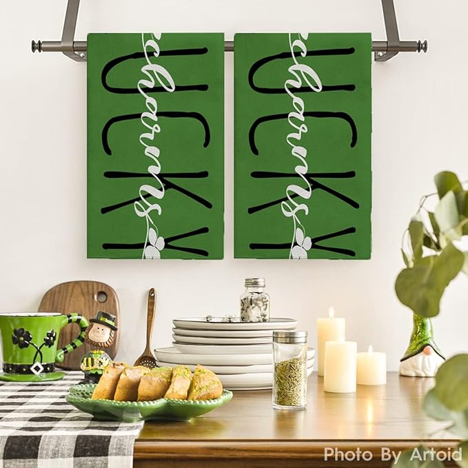 Happy St. Patrick’s Day Hand Towels Set of 2 Lucky Charms Shamrocks Green Clover Leaves Blessed Kitchen Towel Microfiber Spring Holiday Farmhouse Decorative Towels 13.8"X29.1"