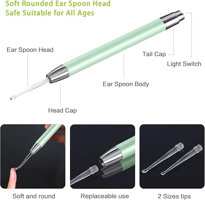 4 Pack Ear Wax Removal Tool Kit with Light, Ear Pick Ear Cleaning Tools Set for Kids and Adults, Ear Picks Digger & Tweezers & Spiral Spring Ear Spoon with Storage Box (Green)