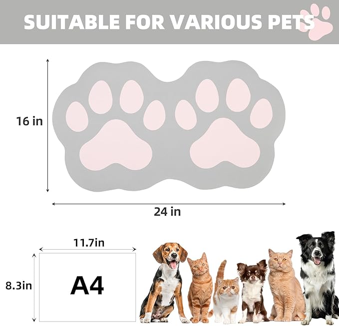 PUPTECK Dog Food Mat, Quick Absorbent Pet Cat Feeding Mat, Anti-Slip Dog Placemat for Food and Water Bowls with Rubber Backing, No Stains Floors Waterproof Indoor, LightGrey & Pink 16"x24"
