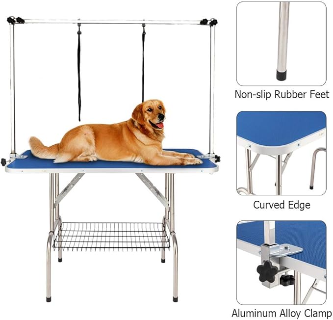 Bonnlo 32-inches Pet Grooming Table, Portable Dog Grooming Table with Arm Noose & Mesh Tray, Adjustable Foldable Pet Groom Table Stand for Dog Cat, Maximum Capacity Up to 330 LBS (32in)
