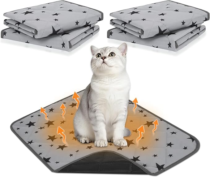Pesonlook 4 Pack Self Warming Cat Bed Mats Self Heating Pet Mat Soft Gray Star Pattern Crate Pad Thermal Pet Mat Kennel Anti Slip Washable Warming Bed Mats for Outdoor and Indoor (18 x 24 inch)