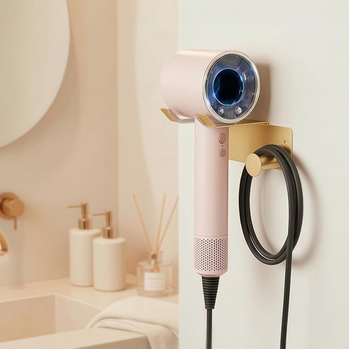 Hair Dryer Holder, Blow Dryer Holder with Cord Hook SUS304 Stainless Steel Wall Mount, Self Adhesive/Screw Space Saving Hairdryer Holder for Bathroom Gold