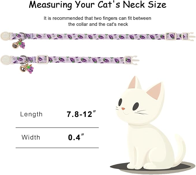 2 Pack Summer Cat Collars - Lavender GRAP & Pink Watermelon Breakaway Safety Cat Collars, Adjustable Soft Boy Girl Kitten Collar for Small Dogs Puppy, Cute Pet Collar with Bell & Pendant