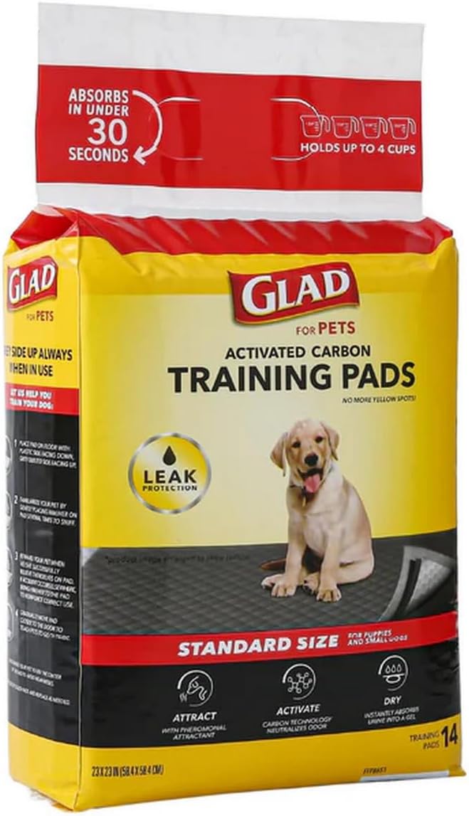 Glad for Pets Black Charcoal Puppy Pads 23x23 Inch 6-Layer Leak-Resistant Activated Carbon Odor Control Pheromone Attractant 14 Count