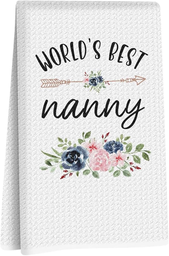 World’s Best Nanny Gifts Kitchen Towels 24x14 Inch, Floral Waffle Absorbent Tea Dish Hand Towels, Reusable Dish Towel for Kitchen Bathroom Decor, Birthday Christmas Thanksgiving Gifts for Nanny