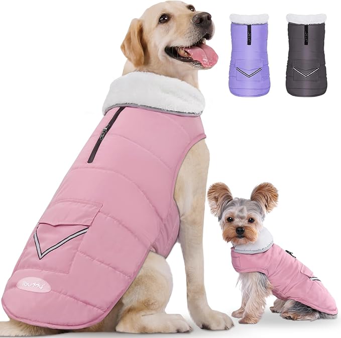 Dog Winter Jacket for X-Large Dogs, Easy on Dog Fleece Snow Coat Velcro Waterproof Pet Puffer Coat with Harness Hole Adjustable Reflective Quilted Pet Cold Weather Vest for Girl Female